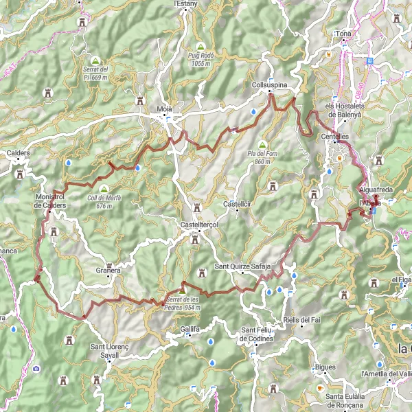 Miniatua del mapa de inspiración ciclista "Aventura en grava de 86 km desde Aiguafreda" en Cataluña, Spain. Generado por Tarmacs.app planificador de rutas ciclistas