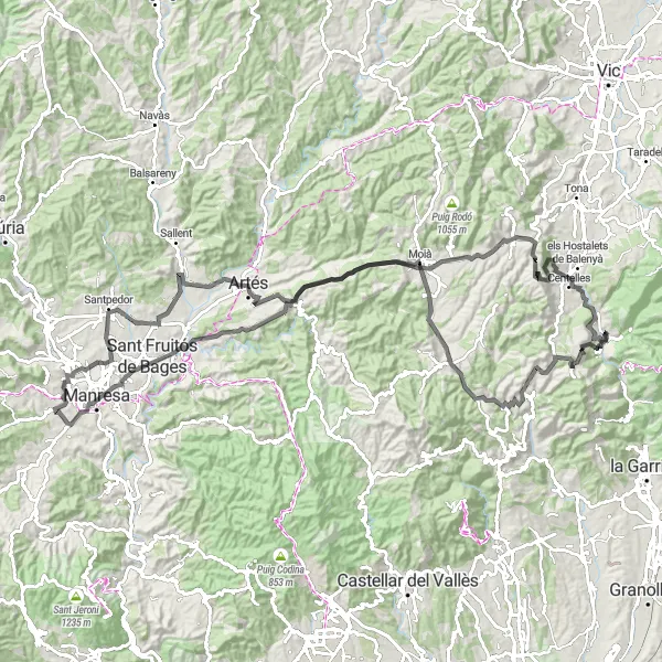 Map miniature of "Aiguafreda to Puiggarí Road Cycling Route" cycling inspiration in Cataluña, Spain. Generated by Tarmacs.app cycling route planner