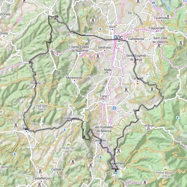 Miniaturní mapa "Okruh na silničním kole kolem Aiguafreda" inspirace pro cyklisty v oblasti Cataluña, Spain. Vytvořeno pomocí plánovače tras Tarmacs.app