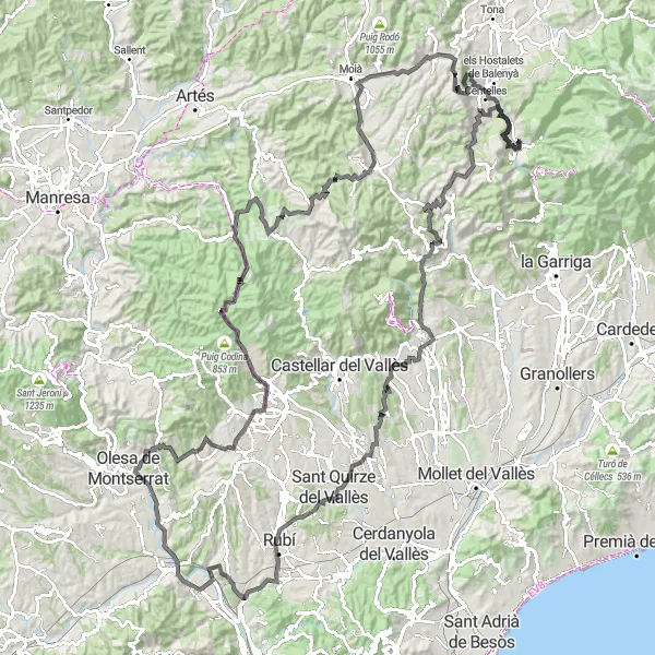 Miniatura della mappa di ispirazione al ciclismo "Giro in bici da Aiguafreda a Granera e ritorno" nella regione di Cataluña, Spain. Generata da Tarmacs.app, pianificatore di rotte ciclistiche