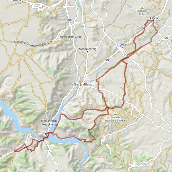 Miniatura della mappa di ispirazione al ciclismo "Vicino ad Aitona Circuit Gravel" nella regione di Cataluña, Spain. Generata da Tarmacs.app, pianificatore di rotte ciclistiche