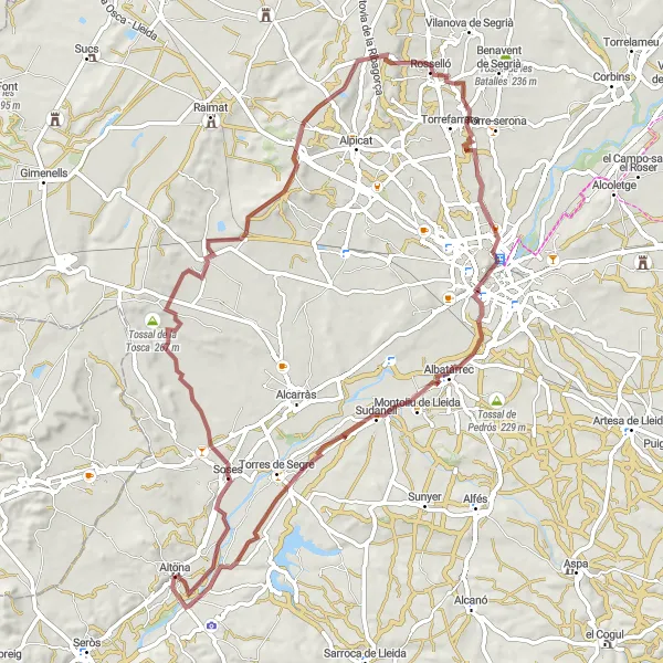 Miniatura della mappa di ispirazione al ciclismo "Giro in Gravel verso Torrefarrera" nella regione di Cataluña, Spain. Generata da Tarmacs.app, pianificatore di rotte ciclistiche