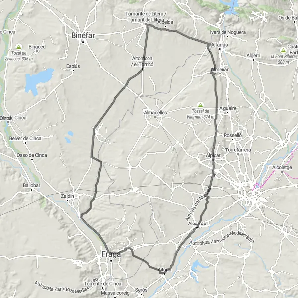 Miniatua del mapa de inspiración ciclista "Ruta de Aitona a Alcarràs" en Cataluña, Spain. Generado por Tarmacs.app planificador de rutas ciclistas