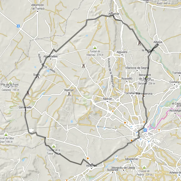 Miniaturní mapa "Trasa s cílem v Almenar" inspirace pro cyklisty v oblasti Cataluña, Spain. Vytvořeno pomocí plánovače tras Tarmacs.app