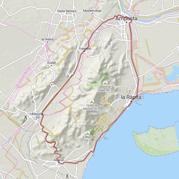 Miniatua del mapa de inspiración ciclista "Ruta por caminos de grava desde Alcanar a la Ràpita" en Cataluña, Spain. Generado por Tarmacs.app planificador de rutas ciclistas