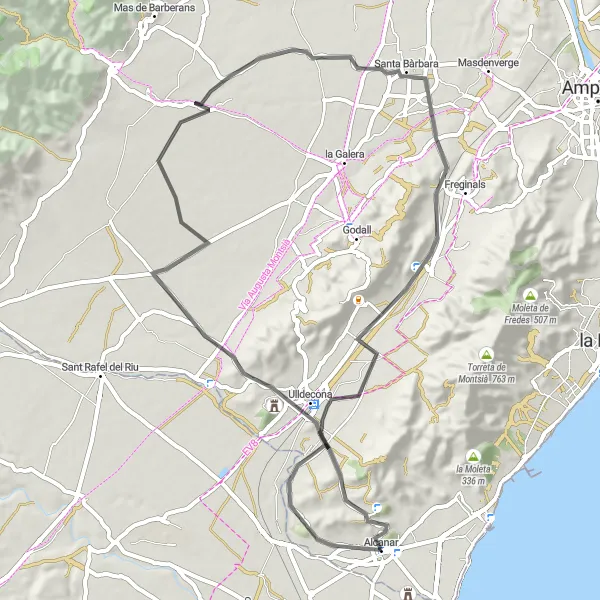 Miniatura della mappa di ispirazione al ciclismo "Giro in bici da Alcanar a Santa Bàrbara" nella regione di Cataluña, Spain. Generata da Tarmacs.app, pianificatore di rotte ciclistiche