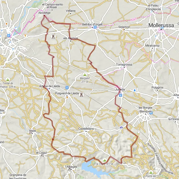 Miniaturní mapa "Gravelová cyklotrasa kousek od Alcoletge" inspirace pro cyklisty v oblasti Cataluña, Spain. Vytvořeno pomocí plánovače tras Tarmacs.app