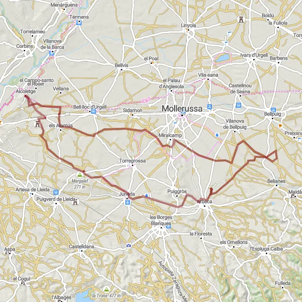 Map miniature of "Exploring Alcoletge and Surrounding Gravel Trails" cycling inspiration in Cataluña, Spain. Generated by Tarmacs.app cycling route planner