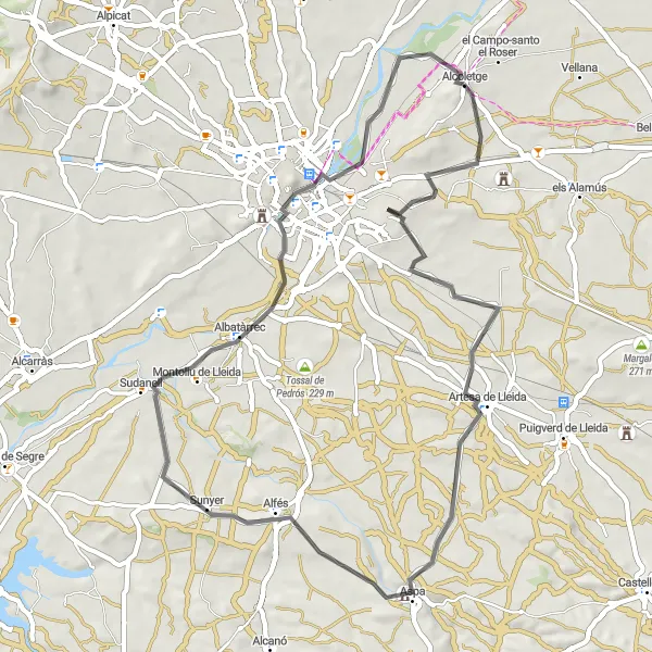 Map miniature of "Spectacular Road Cycling: Alcoletge Loop with Lleida" cycling inspiration in Cataluña, Spain. Generated by Tarmacs.app cycling route planner