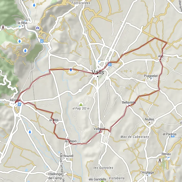 Miniature de la carte de l'inspiration cycliste "Parcours de gravier autour d'Alcover" dans la Cataluña, Spain. Générée par le planificateur d'itinéraire cycliste Tarmacs.app