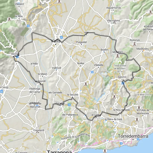 Map miniature of "Scenic road route near Alcover" cycling inspiration in Cataluña, Spain. Generated by Tarmacs.app cycling route planner