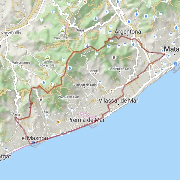 Miniatua del mapa de inspiración ciclista "Ruta de Grava Alella - Vilassar de Mar" en Cataluña, Spain. Generado por Tarmacs.app planificador de rutas ciclistas