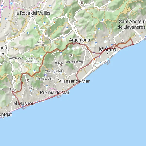 Miniaturní mapa "Kolem Alelly na gravelovém kole" inspirace pro cyklisty v oblasti Cataluña, Spain. Vytvořeno pomocí plánovače tras Tarmacs.app