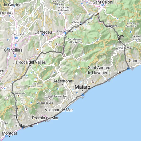 Map miniature of "The Alella and Coll de Font de Cera Loop" cycling inspiration in Cataluña, Spain. Generated by Tarmacs.app cycling route planner