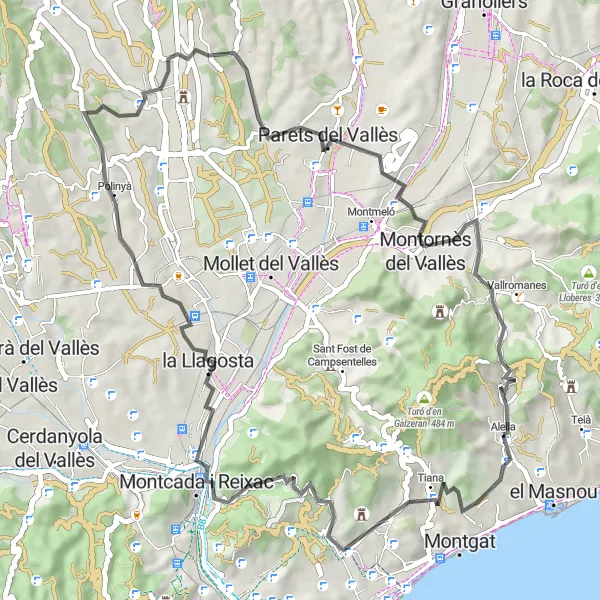 Map miniature of "Tiana and Turó d'en Tort Adventure" cycling inspiration in Cataluña, Spain. Generated by Tarmacs.app cycling route planner