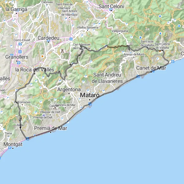 Miniaturní mapa "Cyklistická trasa kolem Alella" inspirace pro cyklisty v oblasti Cataluña, Spain. Vytvořeno pomocí plánovače tras Tarmacs.app