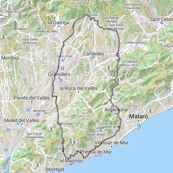 Miniaturní mapa "Kolo kolem Alella" inspirace pro cyklisty v oblasti Cataluña, Spain. Vytvořeno pomocí plánovače tras Tarmacs.app