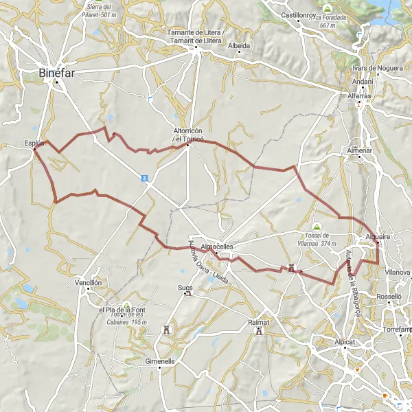 Miniatura mapy "Trasa gravel z Alguaire do Altorricón" - trasy rowerowej w Cataluña, Spain. Wygenerowane przez planer tras rowerowych Tarmacs.app
