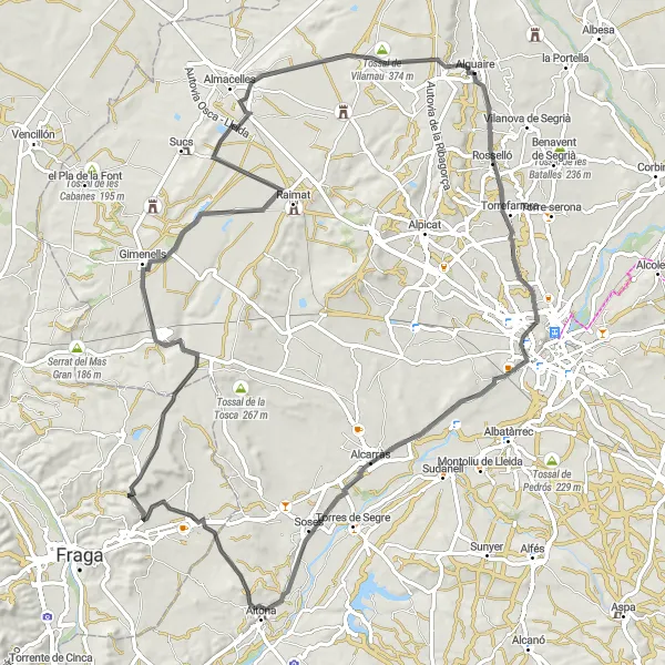 Karten-Miniaturansicht der Radinspiration "Road-Tour um Alguaire" in Cataluña, Spain. Erstellt vom Tarmacs.app-Routenplaner für Radtouren
