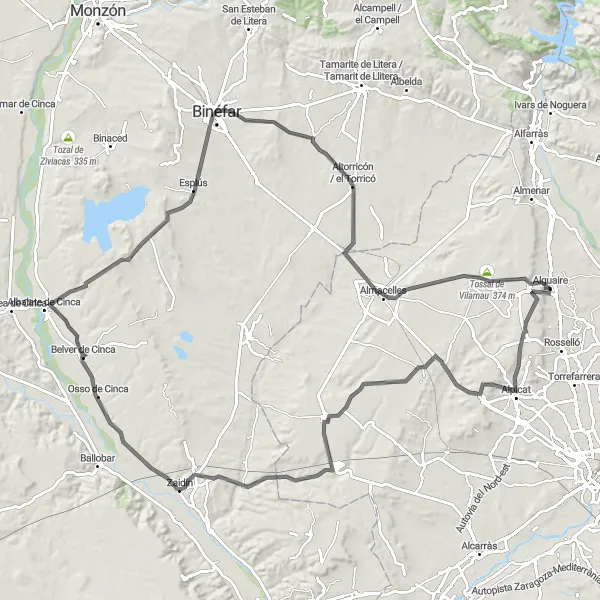 Map miniature of "Cinca River Adventure" cycling inspiration in Cataluña, Spain. Generated by Tarmacs.app cycling route planner