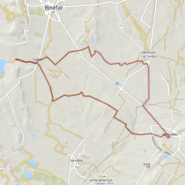 Miniatura mapy "Breathtaking Gravel Cycling Route near Almacelles" - trasy rowerowej w Cataluña, Spain. Wygenerowane przez planer tras rowerowych Tarmacs.app
