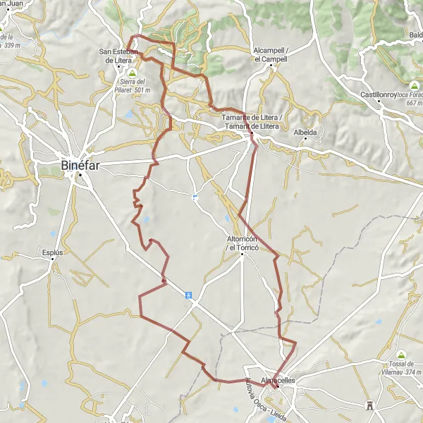 Miniatura della mappa di ispirazione al ciclismo "Tour in bicicletta gravel da Almacelles a Tossal de l'Ametller" nella regione di Cataluña, Spain. Generata da Tarmacs.app, pianificatore di rotte ciclistiche