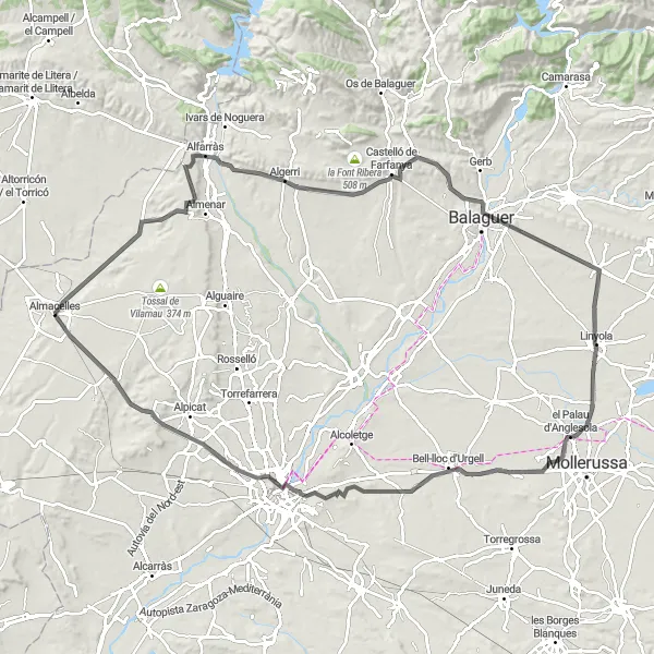 Miniaturní mapa "Výzva v okolí Almacelles" inspirace pro cyklisty v oblasti Cataluña, Spain. Vytvořeno pomocí plánovače tras Tarmacs.app