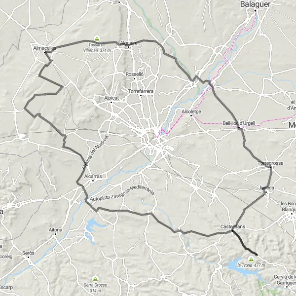 Miniatura mapy "Trasa szosowa wokół Almacelles" - trasy rowerowej w Cataluña, Spain. Wygenerowane przez planer tras rowerowych Tarmacs.app