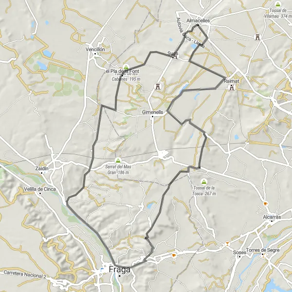 Miniaturní mapa "Road okruh kolem Almacelles" inspirace pro cyklisty v oblasti Cataluña, Spain. Vytvořeno pomocí plánovače tras Tarmacs.app