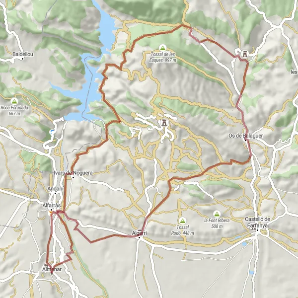 Miniatuurkaart van de fietsinspiratie "Almenar naar Castell d'Almenar route" in Cataluña, Spain. Gemaakt door de Tarmacs.app fietsrouteplanner