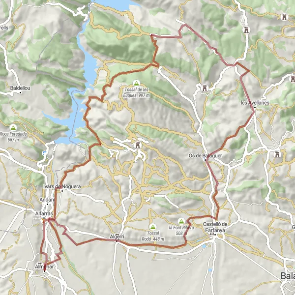 Miniaturní mapa "Gravel Adventure near Almenar" inspirace pro cyklisty v oblasti Cataluña, Spain. Vytvořeno pomocí plánovače tras Tarmacs.app