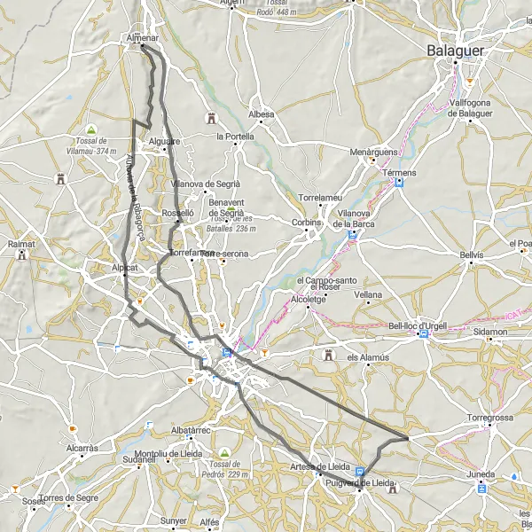 Miniaturní mapa "Cesta kolem Almenaru" inspirace pro cyklisty v oblasti Cataluña, Spain. Vytvořeno pomocí plánovače tras Tarmacs.app