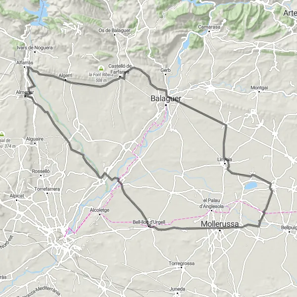 Map miniature of "Road Cycling Adventure near Almenar" cycling inspiration in Cataluña, Spain. Generated by Tarmacs.app cycling route planner