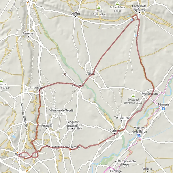 Miniatura della mappa di ispirazione al ciclismo "Giro in bicicletta intorno ad Alpicat attraverso Alguaire e Albesa" nella regione di Cataluña, Spain. Generata da Tarmacs.app, pianificatore di rotte ciclistiche