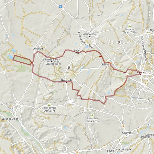 Karten-Miniaturansicht der Radinspiration "Rundweg Alpicat - Tossal de Vallseca - Alt del Coscollar - Gimenells - Sucs - lo Vilot - Tossal de la Teuleria Vella - Alpicat" in Cataluña, Spain. Erstellt vom Tarmacs.app-Routenplaner für Radtouren