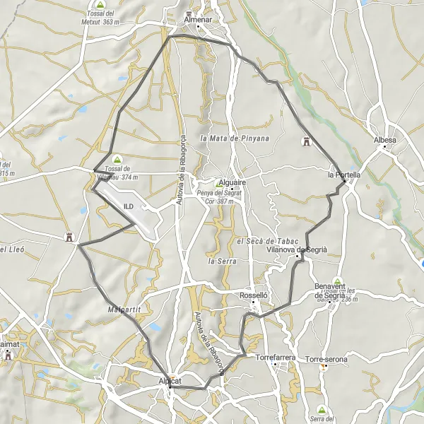 Karten-Miniaturansicht der Radinspiration "Rundweg Alpicat - la Saira - Tossal de Vilarnau - lo Sassalt - la Portella - Alpicat" in Cataluña, Spain. Erstellt vom Tarmacs.app-Routenplaner für Radtouren