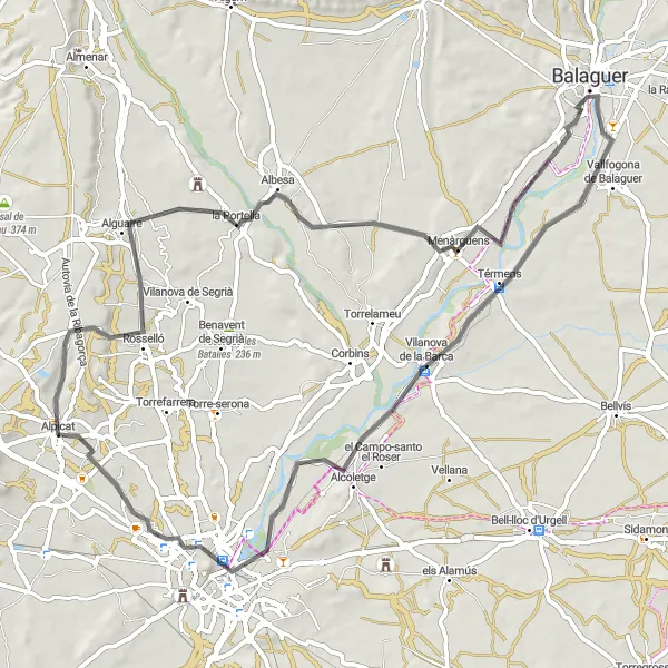 Miniatura della mappa di ispirazione al ciclismo "Cicloturismo tra Alpicat e Penya del Sagrat Cor" nella regione di Cataluña, Spain. Generata da Tarmacs.app, pianificatore di rotte ciclistiche