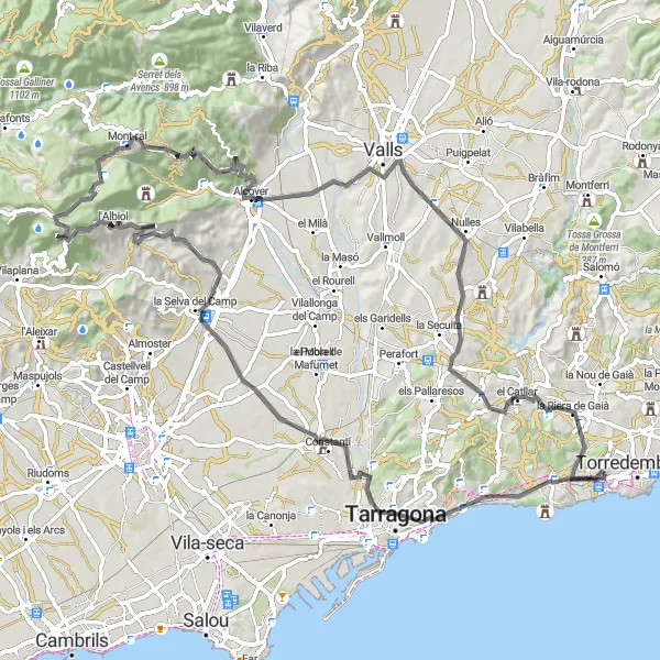 Map miniature of "100 KM Road Adventure" cycling inspiration in Cataluña, Spain. Generated by Tarmacs.app cycling route planner