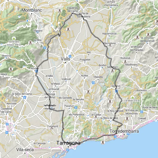 Map miniature of "Tarragona Mediterranean Ride" cycling inspiration in Cataluña, Spain. Generated by Tarmacs.app cycling route planner