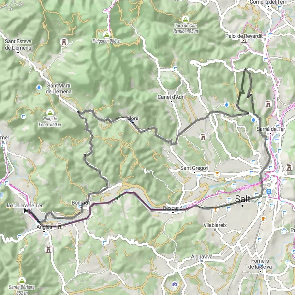 Miniatua del mapa de inspiración ciclista "Ruta de Carretera Corta desde Anglès" en Cataluña, Spain. Generado por Tarmacs.app planificador de rutas ciclistas