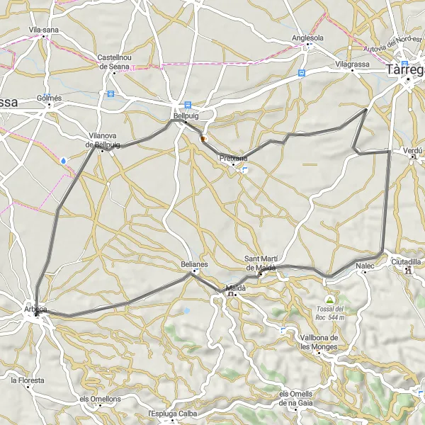 Miniatura della mappa di ispirazione al ciclismo "Tour in bicicletta tra Arbeca e Bellpuig" nella regione di Cataluña, Spain. Generata da Tarmacs.app, pianificatore di rotte ciclistiche