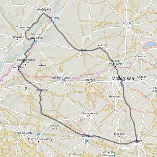 Map miniature of "Rural Charm: Alcoletge and Menàrguens Loop" cycling inspiration in Cataluña, Spain. Generated by Tarmacs.app cycling route planner