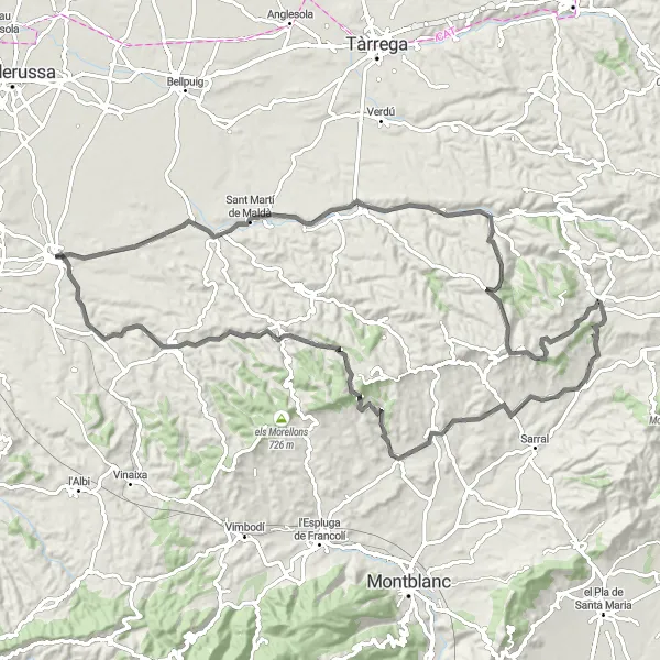 Miniatura della mappa di ispirazione al ciclismo "Circuito ciclistico panoramico da Arbeca" nella regione di Cataluña, Spain. Generata da Tarmacs.app, pianificatore di rotte ciclistiche