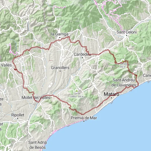 Miniatuurkaart van de fietsinspiratie "Gravel Avontuur: Premià de Dalt - Llinars del Vallès" in Cataluña, Spain. Gemaakt door de Tarmacs.app fietsrouteplanner