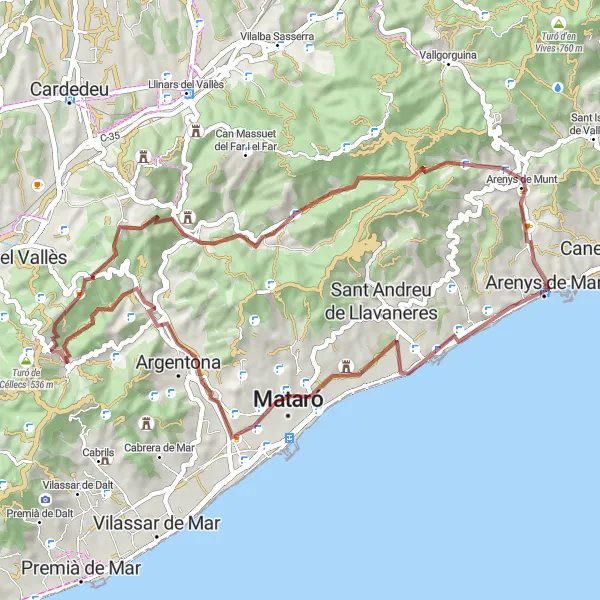 Miniaturní mapa "Gravel cyklistická trasa kolem Arenys de Mar" inspirace pro cyklisty v oblasti Cataluña, Spain. Vytvořeno pomocí plánovače tras Tarmacs.app
