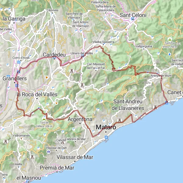 Map miniature of "Epic Gravel Ride to Arenys de Munt" cycling inspiration in Cataluña, Spain. Generated by Tarmacs.app cycling route planner