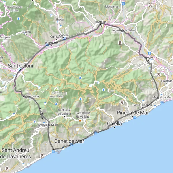 Miniatua del mapa de inspiración ciclista "Ruta de Collsacreu a Hostalric y Tordera" en Cataluña, Spain. Generado por Tarmacs.app planificador de rutas ciclistas
