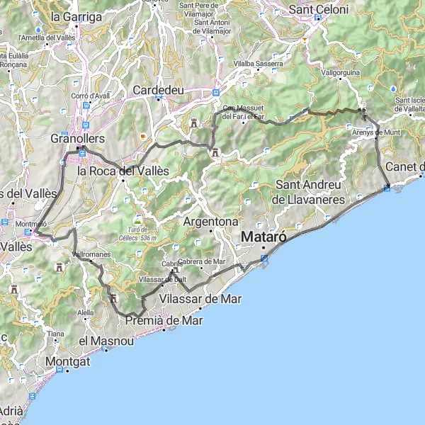 Map miniature of "Arenys de Mar - Road Cycling Adventure" cycling inspiration in Cataluña, Spain. Generated by Tarmacs.app cycling route planner