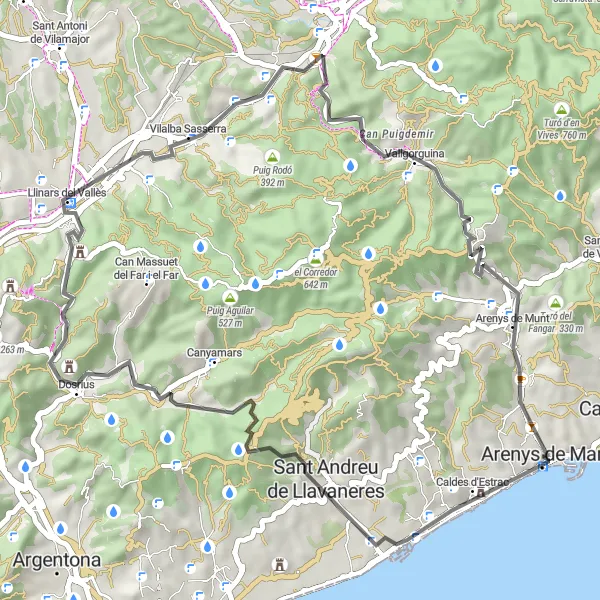 Map miniature of "Scenic Road Route near Arenys de Mar" cycling inspiration in Cataluña, Spain. Generated by Tarmacs.app cycling route planner