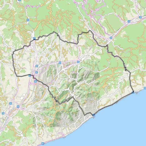 Miniatura della mappa di ispirazione al ciclismo "Arenys de Mar - Collsacreu - Vallgorguina - Òrrius" nella regione di Cataluña, Spain. Generata da Tarmacs.app, pianificatore di rotte ciclistiche